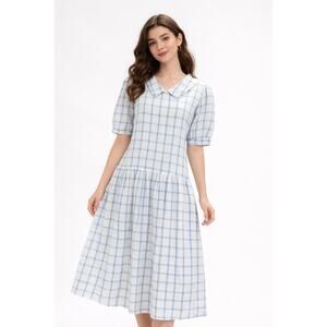 Vintage Putumayo NY Blue Plaid Cotton Dress – Peter Pan Collar – Cottagecore (M)